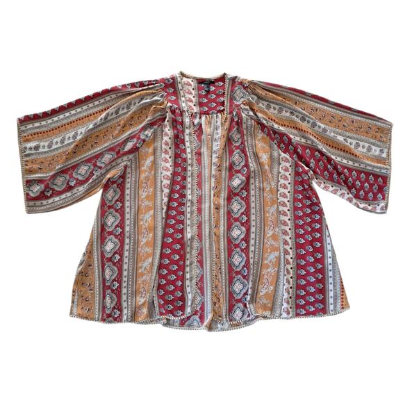 FOREVER 21 Boho Flowy Kimono Style Top Size L Loose Cover Up Floral Stripe Print - Picture 4 of 11